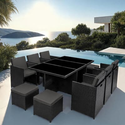 Polyrattan Tuinset 10 Personen – 7-delige Luxe Rattan Lounge Set met Tafel (Glasplaat) + 6 Stoelen + 4 Hockers – Inklapbaar & Aluminium Frame – 200x120 cm – Weerbestendig Balkon & Tuinmeubelen – Urbanhome