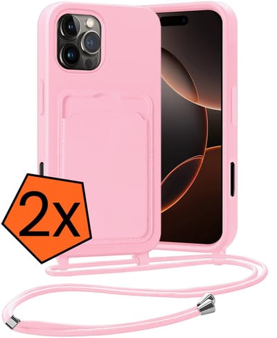 Hoesje Geschikt voor iPhone 16 Pro Hoesje Met Telefoonketting Pasjeshouder Case Koord - Hoesje Geschikt voor iPhone 16 Pro Hoes Met Kaarthouder - Lichtroze - 2 PACK