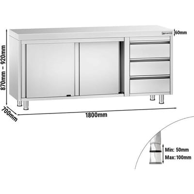 GGM Gastro Edelstahl Arbeitsschrank PREMIUM - 1800x700mm - mit 3 Schubladen rechts Zilver