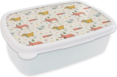 Broodtrommel Wit - Lunchbox - Brooddoos - Hond - Teckel - Patronen - Bloemen - 18x12x6 cm - Volwassenen