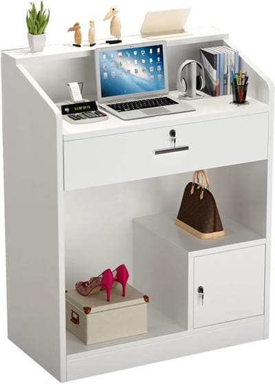 Receptiebalie Bureau - Kleine balie - Professioneel Ontvangst - Afsluitbare Lades - 60x40x92 cm - Wit