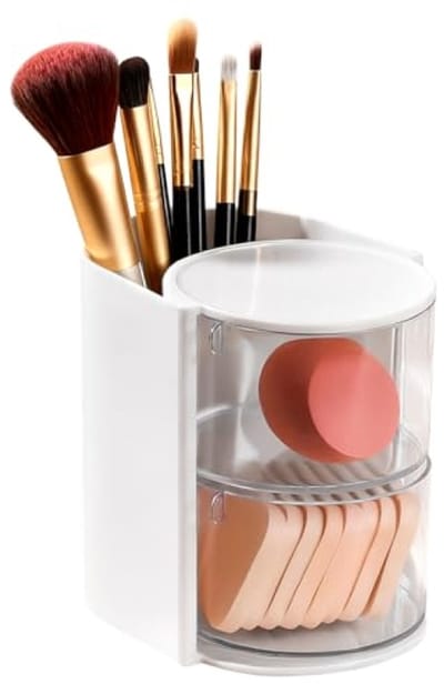 SnelShoppen - 360° Draaiende Make-up Organizer, 2 Laags, Make-up Borstel Houder, Opberg Organizer voor Badkamer, Cosmetica, Transparant Plastic