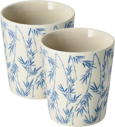 Koffiekopjes Set van 2 – Keramische Koffiemokken 200 ml Zonder Oor – Blauw Wit Bamboe Patroon – Espresso Kopjes Cappuccino Bekers en Theekopjes
