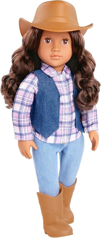 Our Generation – 46 cm grote cowgirl-pop Carolyn – bruine ogen en golvend bruin haar – schattige geruite en jeans-westernoutfit – cowboyhoed en rijlaarzen – voor kinderen vanaf 3 jaar