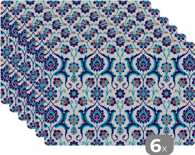 Placemat - Placemats kunststof - Bloemen - Patronen - Blauw - 45x30 cm - 6 stuks - Hittebestendig - Anti-Slip - Onderlegger - Afneembaar