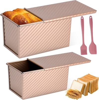 Set van 2 Mie Brood Bakvormen met Glijdend Deksel, Rechthoekige Toastvorm voor Zelfgemaakt Brood, Taarten en Sandwiches in Roze Goud