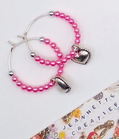 Jeannette-Creatief® - Hartjes - Zilver Hart - Oorringen - Oorbellen - Oorbellen Dames - Oorbellen met bedel - oorbellen met kralen - Roze oorbellen - kralen - hartjes - bedel hartje - zilveren hartjes - Valentijn - Moederdag