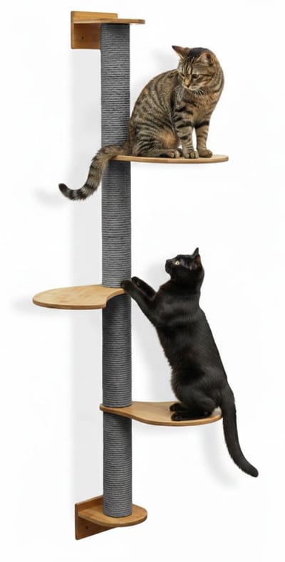 175 cm Wandkrabpaal met 3 Bamboe Planken - Katten Klimboom Sisal - Krabpaal met Muurbevestiging