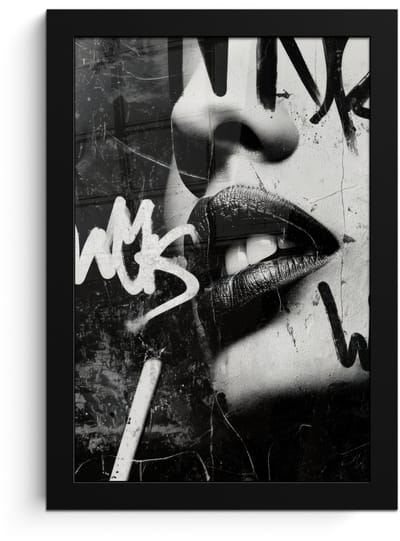 Poster in lijst - Fotolijst 20x30 cm - Posters - Gezicht - Mond - Graffiti - Zwart - Posterlijst zwart - Decoratie - Wanddecoratie woonkamer - Muurdecoratie slaapkamer