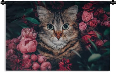 Wandkleed - Wanddoek - Kat - Bloemen - Dieren - Botanisch - 180x120 cm - Wandtapijt