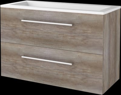 Basic Start 46 badmeubelset met wastafelonderkast met grepen, 2 lades en acryl wastafel zonder kraangaten 100 x 46 cm, scotch oak