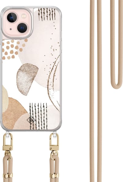 Casimoda® hoesje met beige koord - Geschikt voor iPhone 13 - Abstract Shapes - Afneembaar koord - TPU/acryl - Bruin/beige