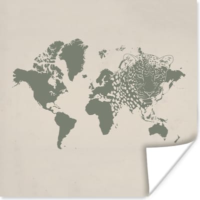 Poster 75x75 cm - Wereldkaart - Grijs - Panter - Posters - Kamer decoratie - Wanddecoratie woonkamer - Muurdecoratie slaapkamer