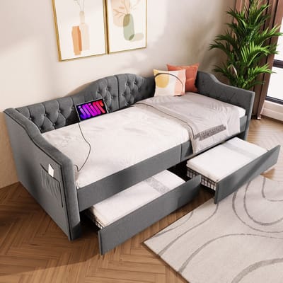 Sweiko Slaapbank - 90x200 cm - USB Type C oplaadfunctie - 2 laden - zonder matras - grijs