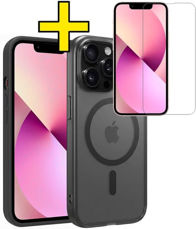 Hoesje - Met Screenprotector - Geschikt voor Apple iPhone 14 Pro - Magsafe Compatible - Sterk & Shockproof - Back Cover - Shock Proof Case - Telefoon Hoes - Telefoonhoesjes - Zwart