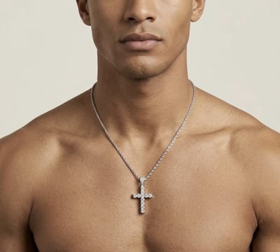 Heren Kruis Ketting Roestvrij Staal Gevlochten Touwketting – Glanzend Design met Steentjes – Elegante Uitstraling