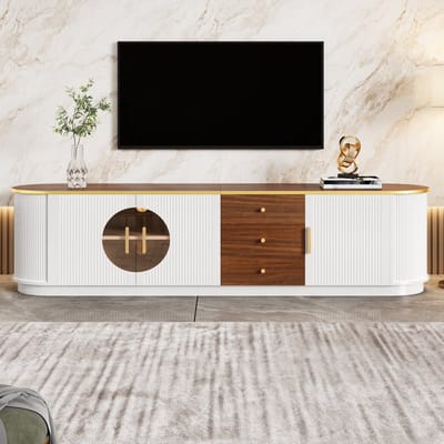 PHOEBE CAT TV-meubel - 3 lades - Glazen deuren - MDF - Afgeronde hoeken - Houtlook - Wit + Bruin