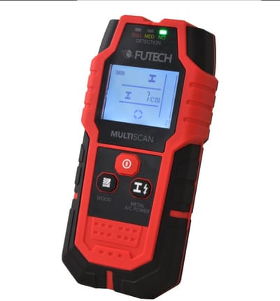 Futech Multiscan Muurscanner — detecteert ferro/non‑ferro metalen, stroomgeleiders & hout tot 80 mm - muurscanner Futech, detectie metalen muur, leidingen zoeken muur, muurscanner ferro non‑ferro, detector hout in muur, detectiediepte muurscanner