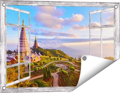 Gards Tuinposter Doorkijk Pagode Tempels in de Inthanon Berg in Thailand - 60x40 cm - Tuindoek - Tuindecoratie - Wanddecoratie buiten - Tuinschilderij