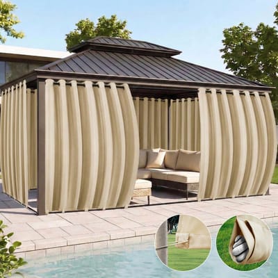 Qelus Extra Breed Buitengordijn Winddicht & Waterdicht - Outdoor Gordijn met Oogjes (Boven) en Anti-wind Lussen (Onder) - Weerbestendig voor Pergola - 180x213cm - Beige - 1 Stuk