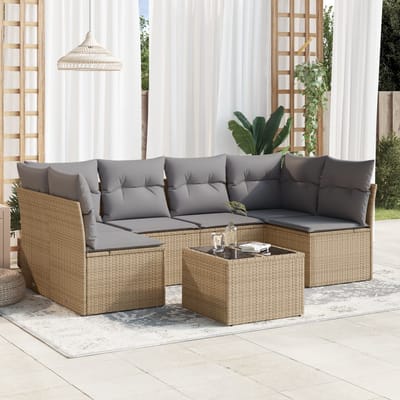vidaXL - 7-delige - Loungeset - met - kussens - poly - rattan - beige