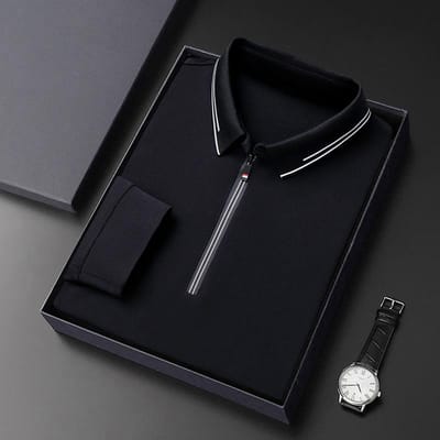 Poloshirt met lange mouwen Lente en Herfst Papa Kleding Business Casual Middenleeftijd Mannen Losse Revers Halve rits Top T-shirt 4XL black