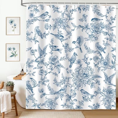 Douchegordijn Anti Schimmel - Inclusief ringen - Waterdicht - Polyester - Bloemen en vogel patronen - 180×200cm - blauw