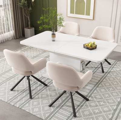 Eetkamerset - Uitschuifbare Rechthoekige Eettafel Met Opbergruimte En 4 Gestoffeerde Stoelen - Voor Eetkamer - Hout Metaal Beige Wit