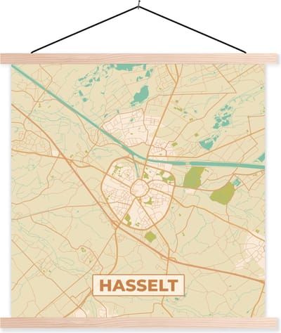 Posterhanger incl. Poster 40x40 cm - Schoolplaat - Plattegrond - Kaart - België - Stadskaart - Hasselt - Textielposter - Blanke latten - Stadskaart