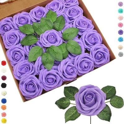 SnelShoppen - 25 Stuks Nep Paarse Rozen Kunstbloemen, Real Touch Foam Rozen met Steel voor Bruiloft Decoratie, Feest, Baby Shower, Valentijnsdag Versi