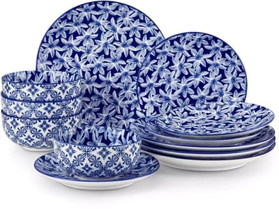 Serviesset - 4 Persoons Servies - Porselein - Dinerborden - Dessertborden - Ontbijtkommen - 12-delige Set - Blauw - Wit - Lily
