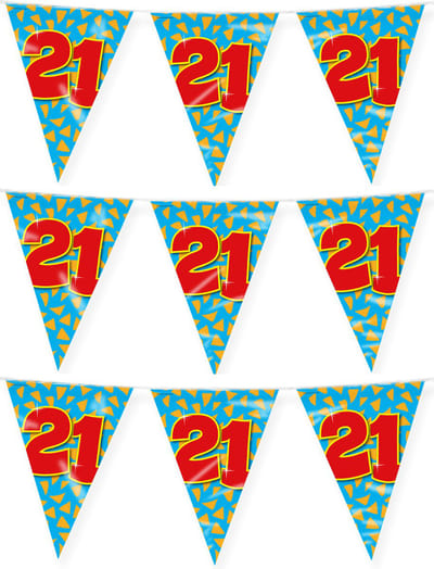 Paperdreams verjaardag 21 jaar thema vlaggetjes - 3x - feestversiering - 10m - folie - dubbelzijdig