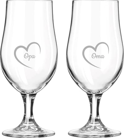 Gegraveerde bierglas op voet 49cl Opa met hartje & Oma met hartje