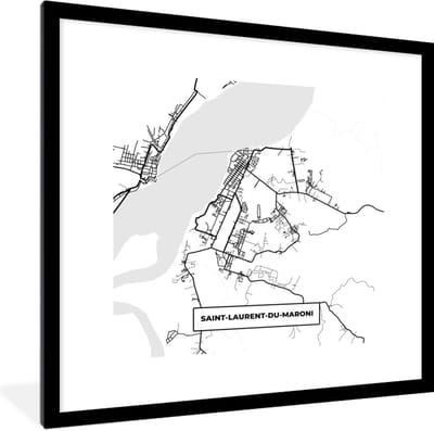Fotolijst incl. Poster Zwart Wit- Stadskaart - Saint-Laurent-du-Maroni - Plattegrond - Kaart - Frankrijk - Zwart wit - 40x40 cm - Posterlijst