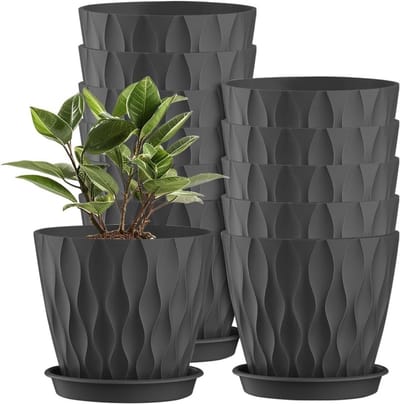 Set van 12 Plastic Bloempotten van 10 cm met Meerdere Afvoergaten en Schotel - Ideaal voor Kantoor, Balkon, Tuin en Vetplanten