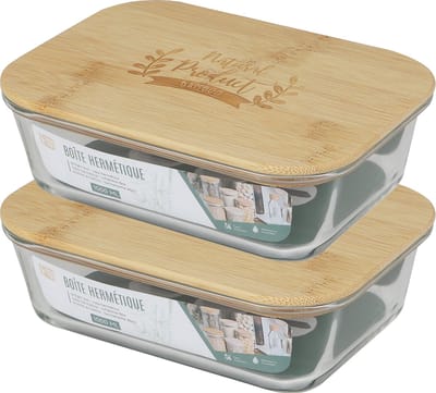 Bambou & Co Voedsel bewaarbakje/vershoudbakje - 2x - bamboe deksel - 1000 ml - ovenbestendig glas - 20 x 15 x 6 cm