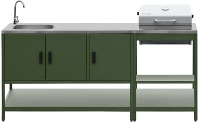 sweeek - 2 buitenkeukenmodules met barbecue op houtskool en gootsteen staal - naxos