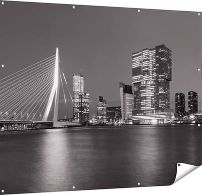 Gards Tuinposter Rotterdamse Skyline - Zwart Wit - 150x120 cm - Tuindoek - Tuindecoratie - Wanddecoratie buiten - Tuinschilderij