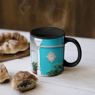 Magische Mok - Foto op Warmte Mokken - Koffiemok - Zuilen - Sierlijke - Deur - Blauw - Magic Mok - Beker - 350 ML - Theemok