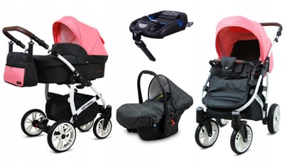 BabyLux® Kinderwagen 4in1 – OPTIMAL - BLACK CORAL WHITE FRAME - Opklapbare Wandelwagen incl. Reiswieg, Multifunctionele Buggy Sportstoel, Autostoel, ISOFIX basisstation - Combi-kinderwagen met Luiertas, Regenhoes, Klamboe