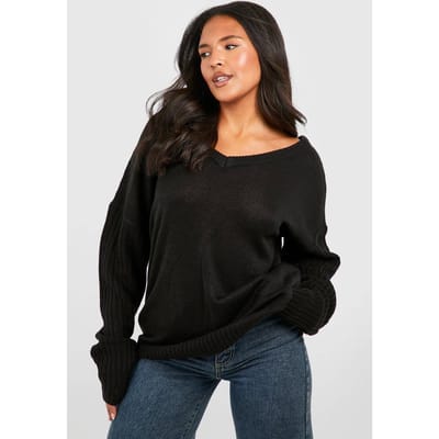 boohoo Dames Plus V-hals V-rug Oversized Trui | Zwart | Maat: 46