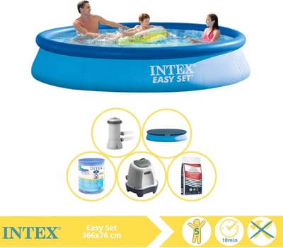 Intex Rond Opblaasbaar Easy Set Zwembad - 366 x 76 cm - Blauw - Inclusief Pomp - Afdekzeil - Filter - Zoutwatersysteem - Zwembadzout - 6-delig