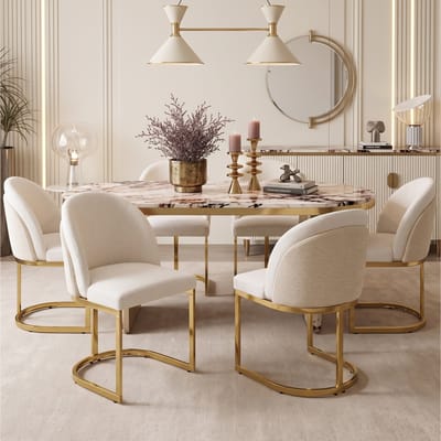Set van 4 eetkamerstoelen met beige chenille stof en vergulde metalen poten, modern design voor restaurant en thuisgebruik