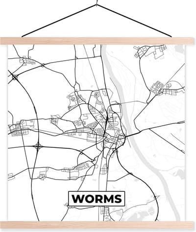 Posterhanger incl. Poster 40x40 cm - Schoolplaat - Kaart - Worms - Plattegrond - Stadskaart - Textielposter - Blanke latten - Stadskaart