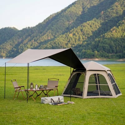 Pop-up Familietent met XXL Zonnescherm - 3-Persoons Koepeltent - Opzetten in 3 Seconden - Inclusief Voorluifel voor Extra Leefruimte - Kampeertent - pop up tent voor Kamperen - festival tent + Draagtas - Niet waterdicht - Kaki
