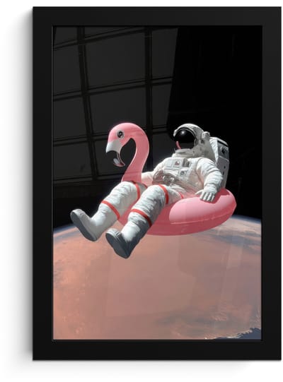 Poster in lijst - Fotolijst 20x30 cm - Posters - Astronaut - Flamingo - Zwemband - Roze - Posterlijst zwart - Decoratie - Wanddecoratie woonkamer - Muurdecoratie slaapkamer