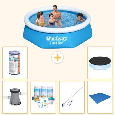 Bestway Rond Opblaasbaar Fast Set Zwembad - 244 x 61 cm - Blauw - Inclusief Pomp - Onderhoudspakket - Schoonmaakset - Grondzeil - Filter - Afdekzeil - 7-delig