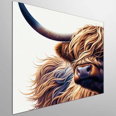 Acryl schotse hooglander schilderij | Prachtige schildering van majestueuze Schotse hooglander in levendige acrylachtige stijl | Kunst - 80x80 centimeter op Dibond | Foto op Dibond