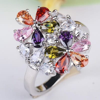 Kleurrijke Tweevoudige Bloemen Vorm Zirconium Trouwring voor Vrouwen Zilverkleur Micro-ingelegd Simulatie Sieraden Ring Verlovingsring 7 gray