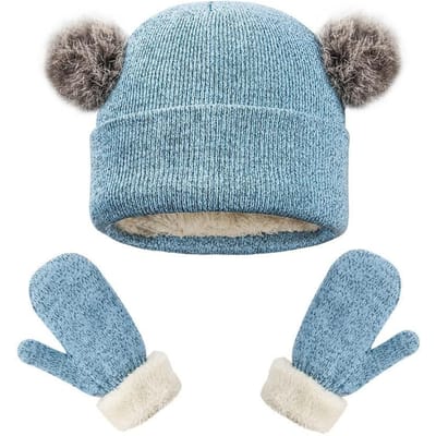 Kinder Gebreide Muts Handschoenen Tweedelige Set Verdikte Koudebestendige Wollen Muts Winter Winddicht Oorwarm Set gray